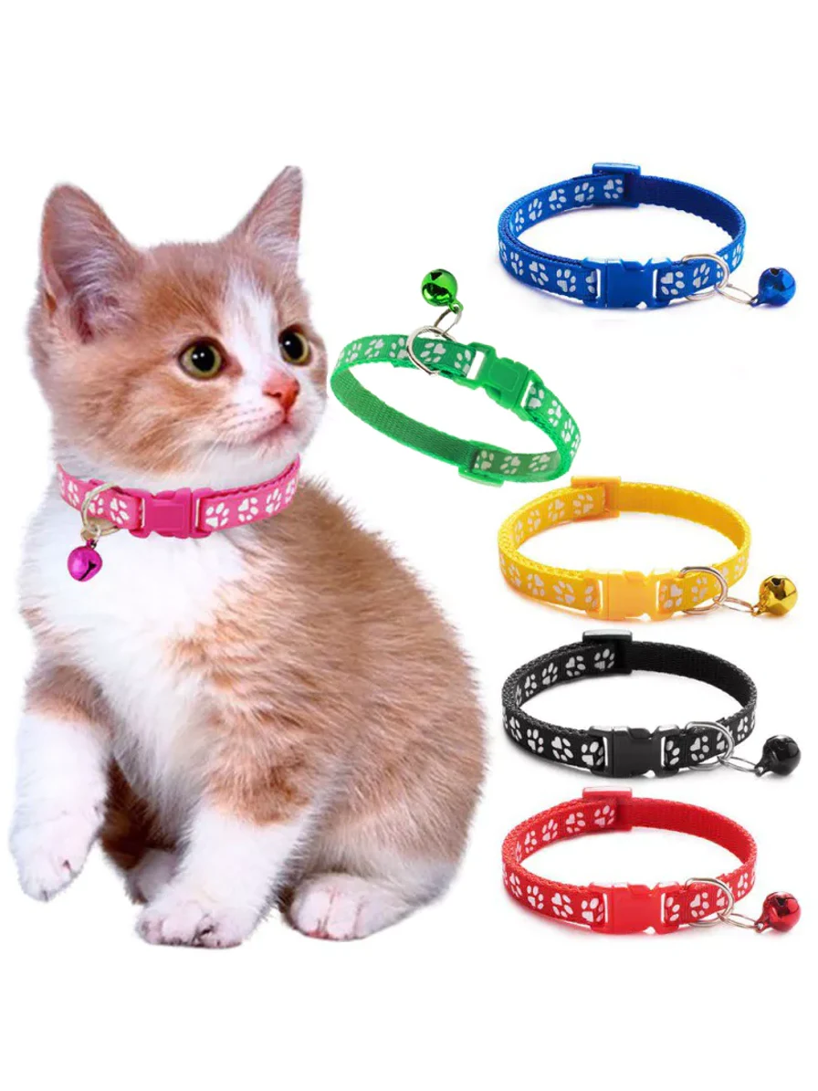 Coleira Ajustável com Guizo e Estampa de Patinhas para Gatos e Cães